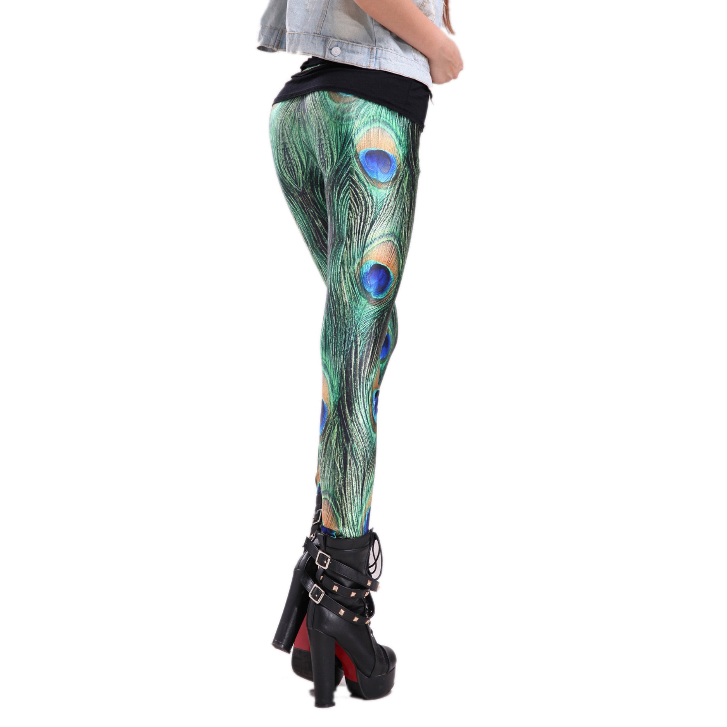 Rubberfashion Leggings Damen Pfau - Bedruckte Animal Print Leggings Muster Strumpfhose Pfauenfeder Glanz Hüft Stretch Hose mit Peacock Aufdruck Pfauenmuster Legging für Frauen